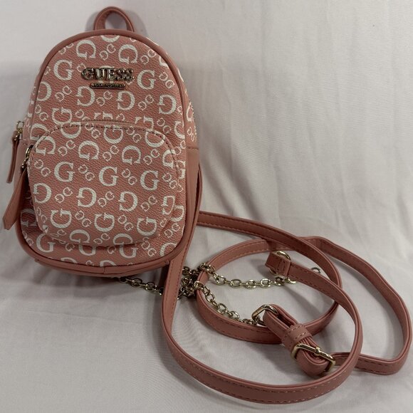 GUESS Mini Backpack Pink Logo Print Faux Leather with a Gold Tone Chain Strap - Picture 1 of 8